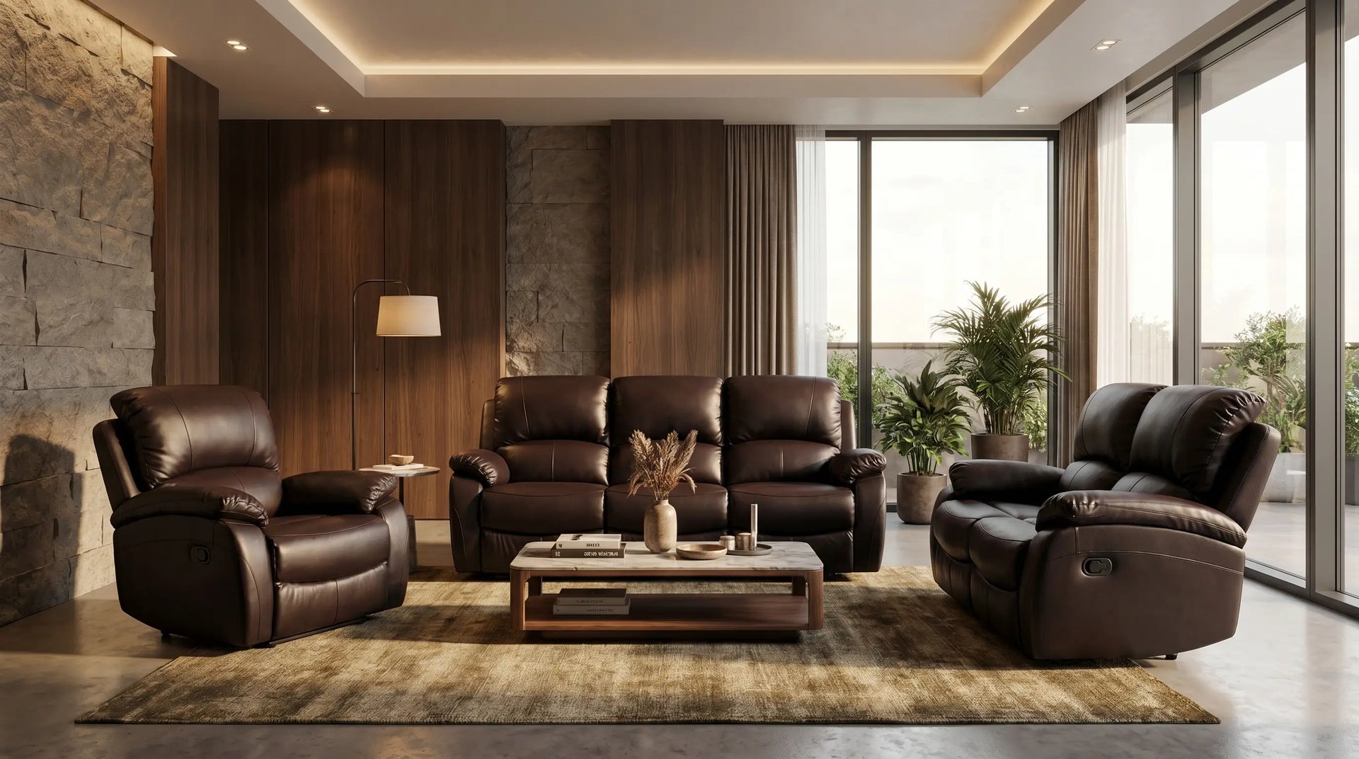 Modern living room with brown leather furniture and large windows.
