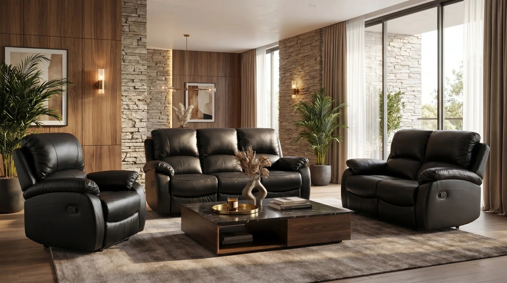 Modern living room with black leather recliner sofa set and wooden coffee table.