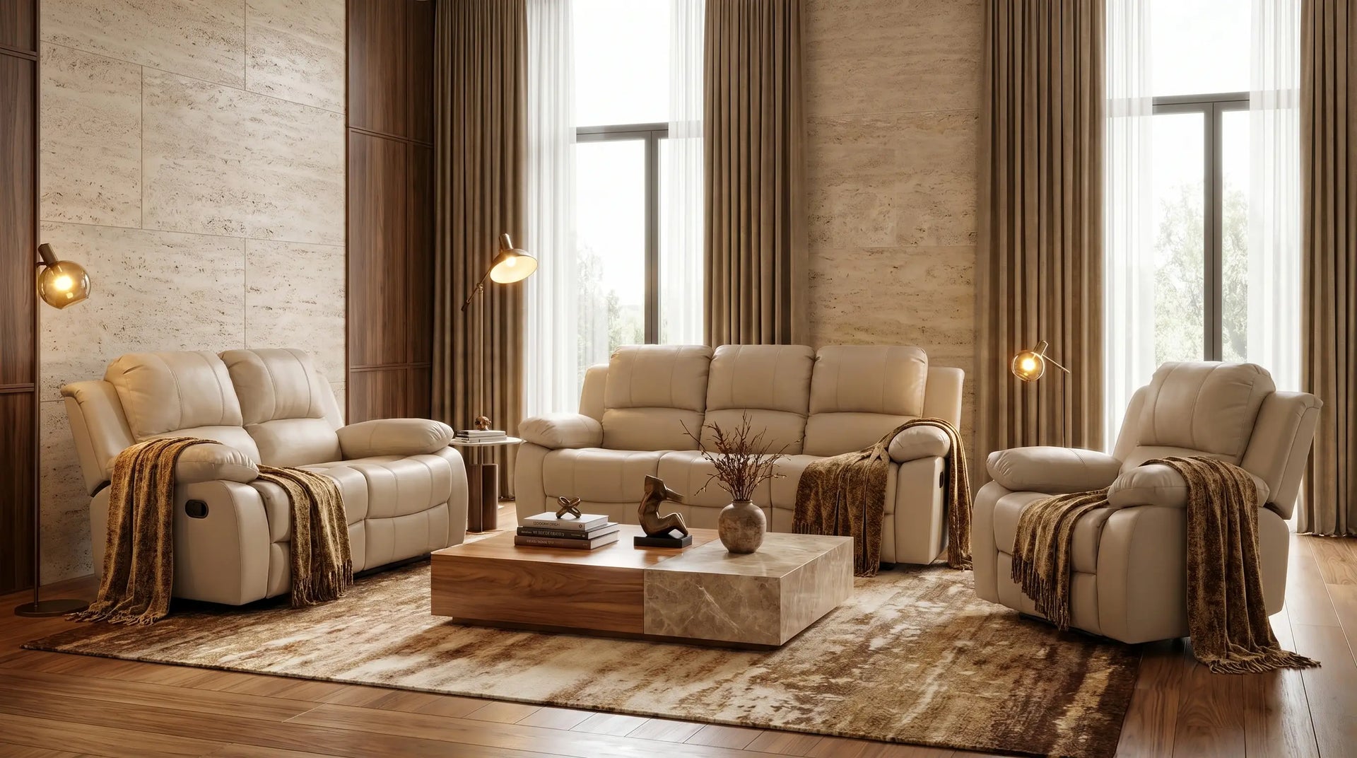 Living room with beige sofas, wooden coffee table, and decorative items.