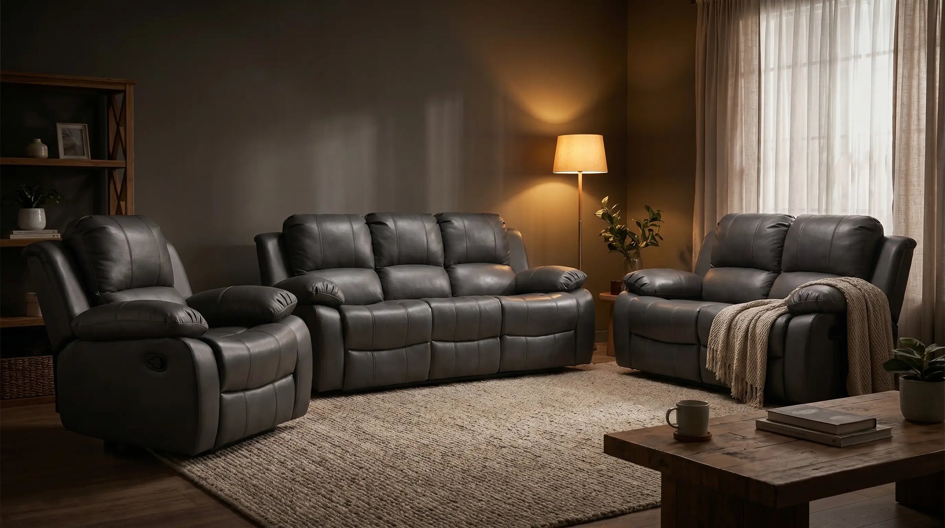 York Grey Leather Manual Recliner Armchair