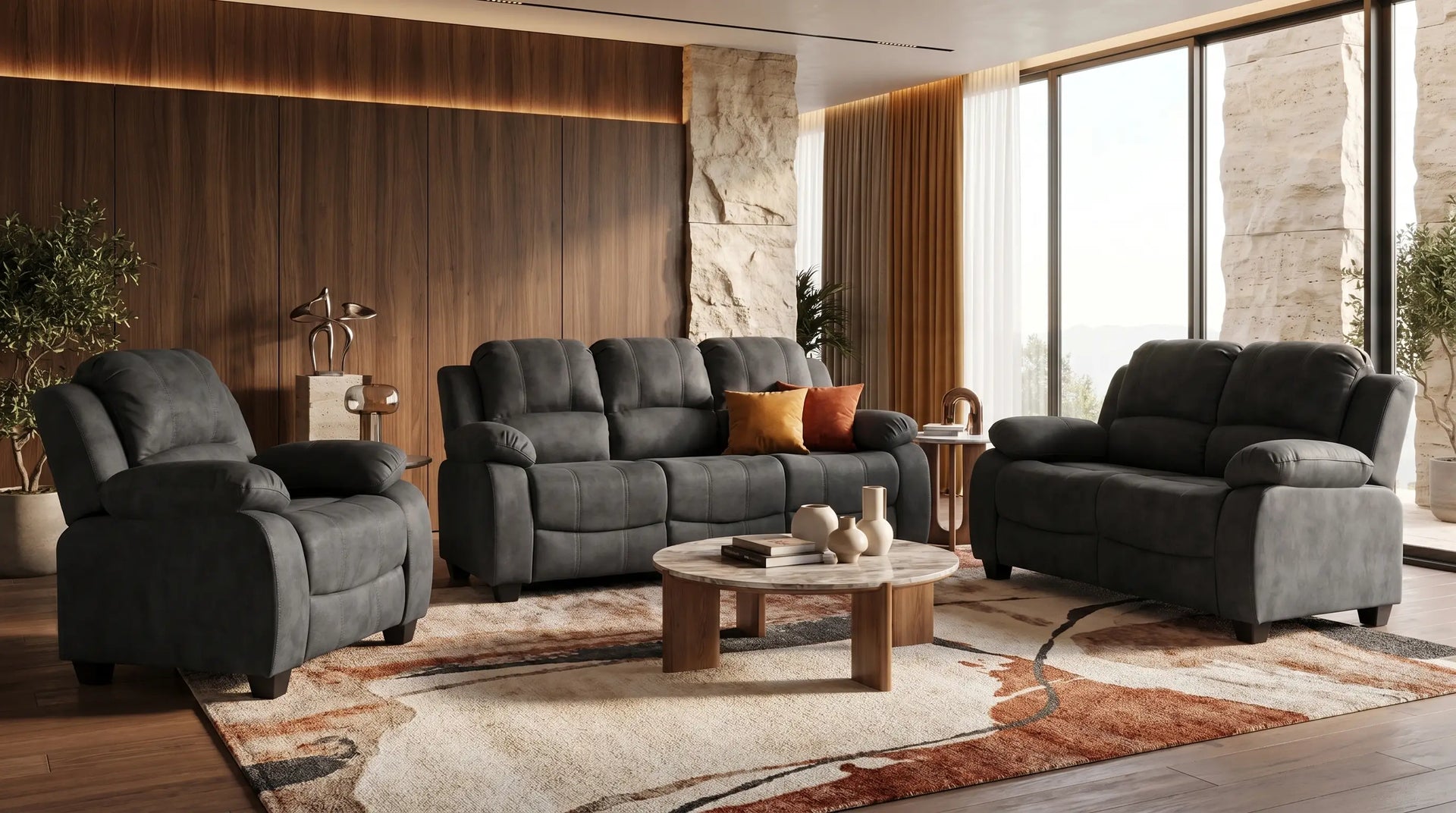 Modern living room with gray sofas, a coffee table, and decorative items.