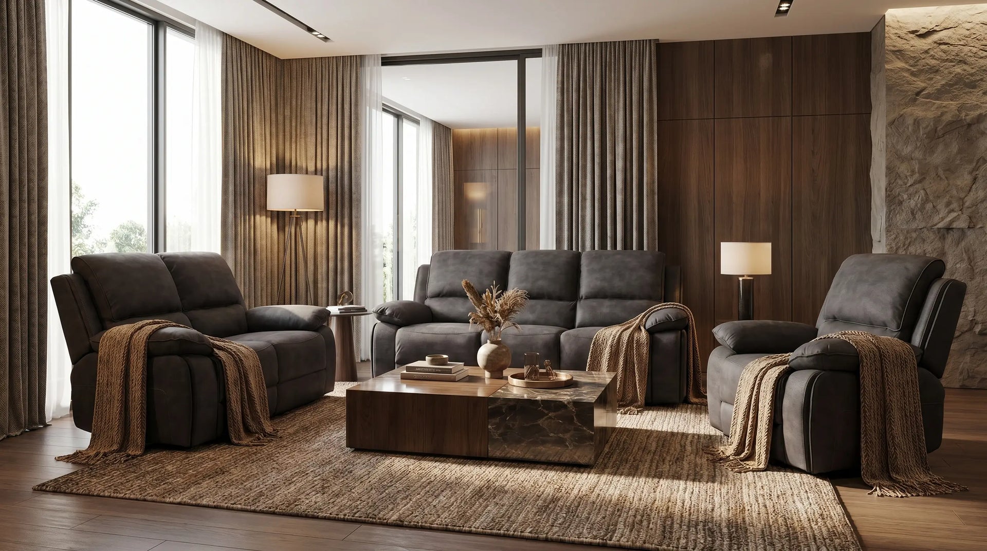 Modern living room with gray sofa, armchair, and wooden coffee table.