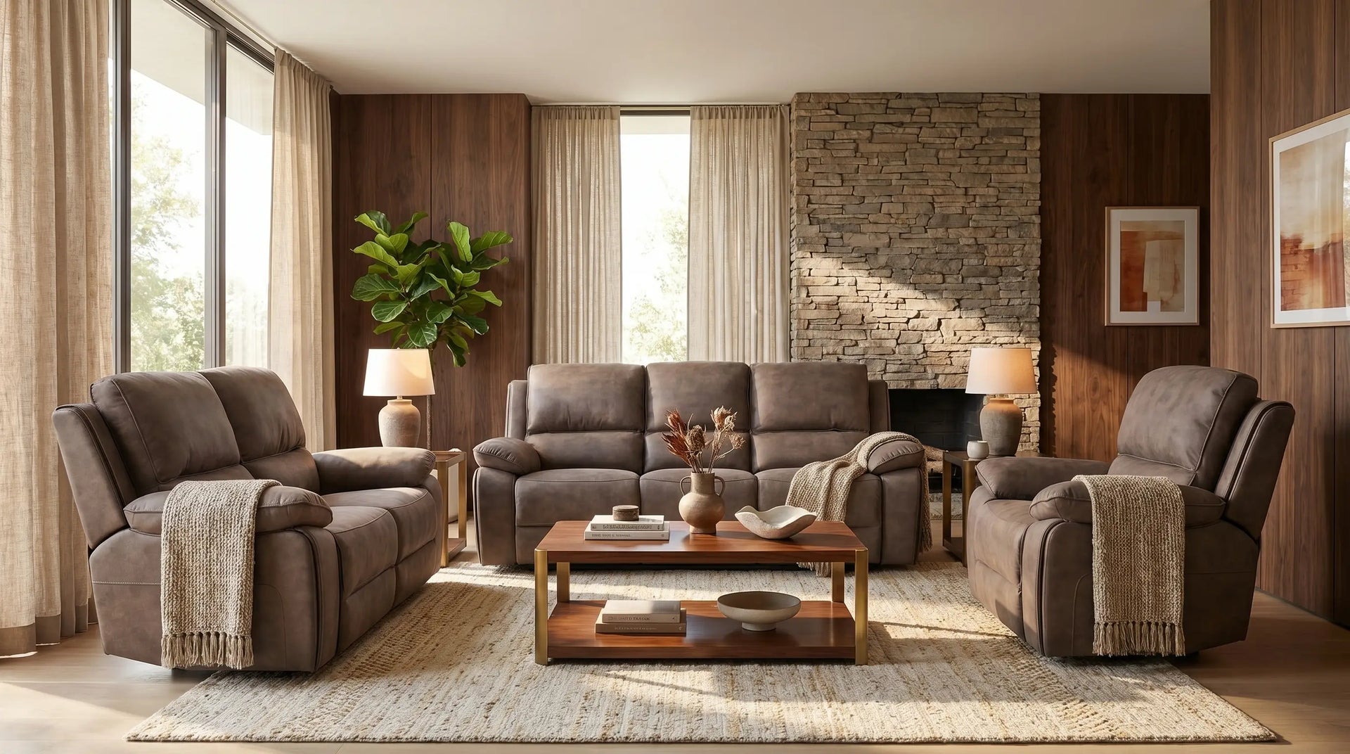 Cozy living room with brown recliner sofa set and decorative elements.