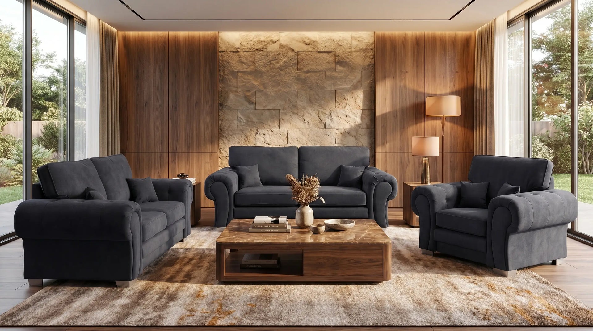 Modern living room with dark gray sofa set and wooden coffee table.