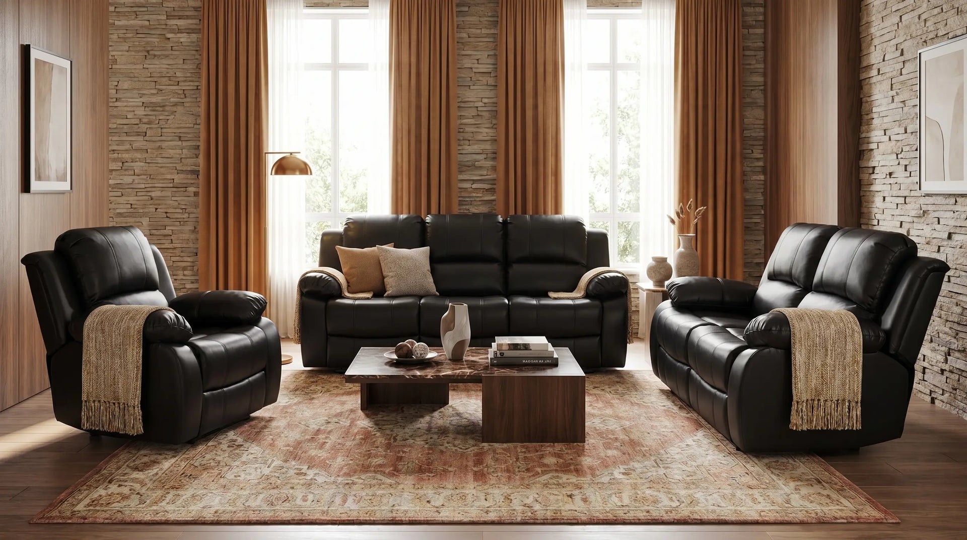 Living room with black leather furniture, wooden coffee table, and decorative elements.