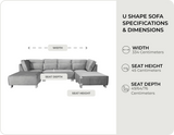 Royale U Shape Grey Velvet Corner Sofa measurements