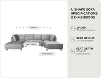 Royale U Shape Grey Velvet Corner Sofa measurements