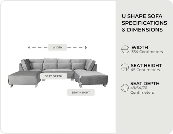 Royale U Shape Grey Velvet Corner Sofa measurements