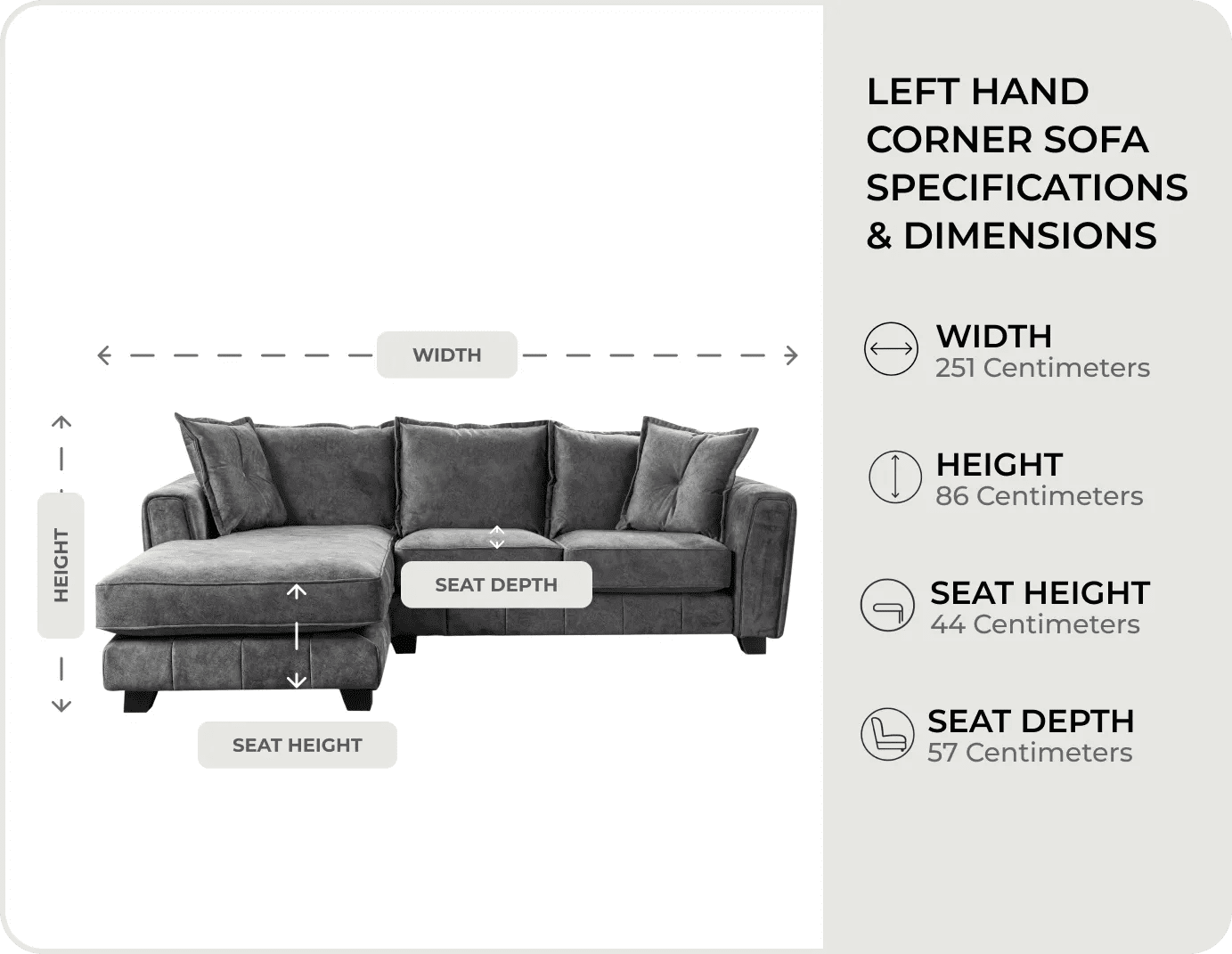 Richmond Grey Fabric Left Hand Corner Sofa measurements