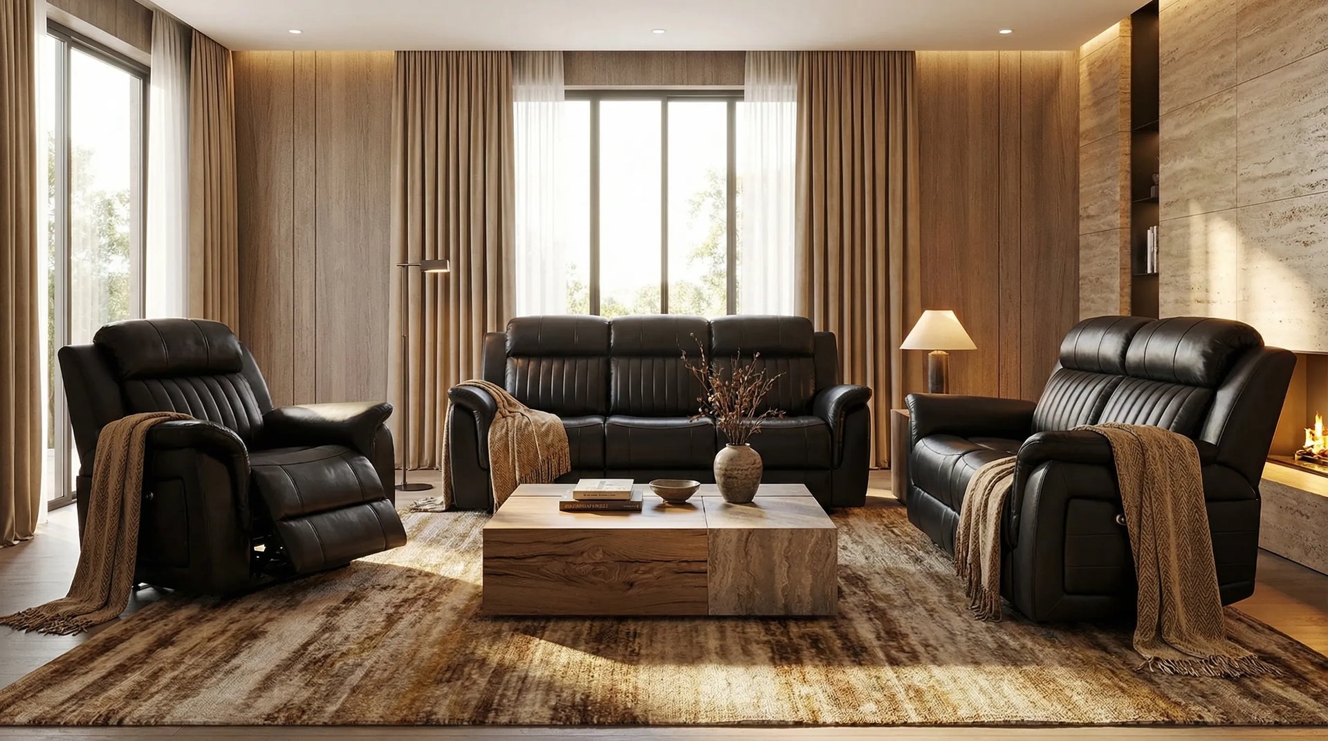 Modern living room with black leather furniture, wooden coffee table, and decorative elements.