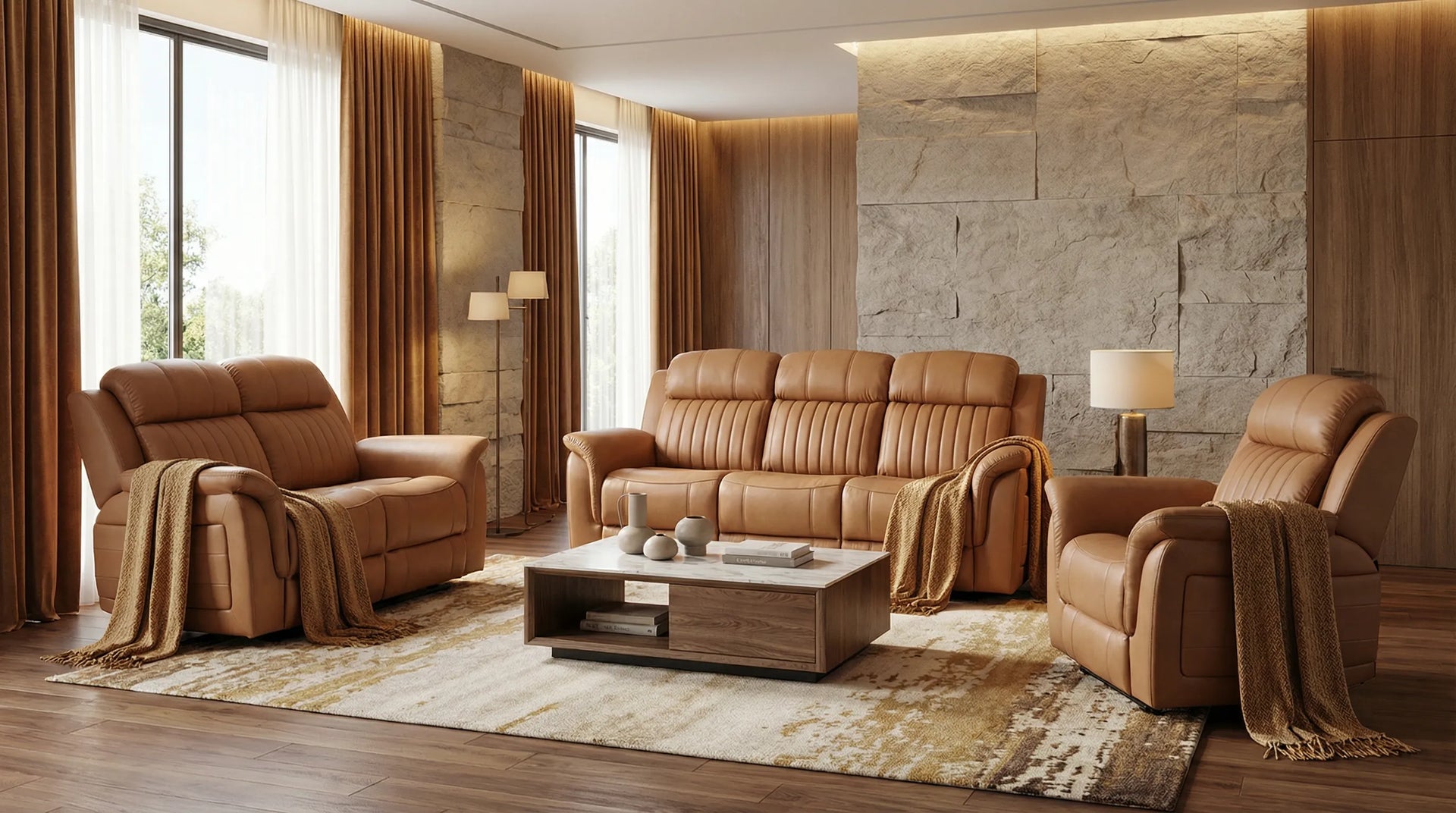 Modern living room with brown leather sofa set and stone wall.