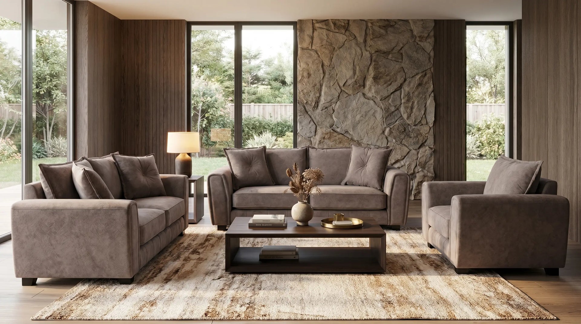 Modern living room with gray sofa set and stone wall