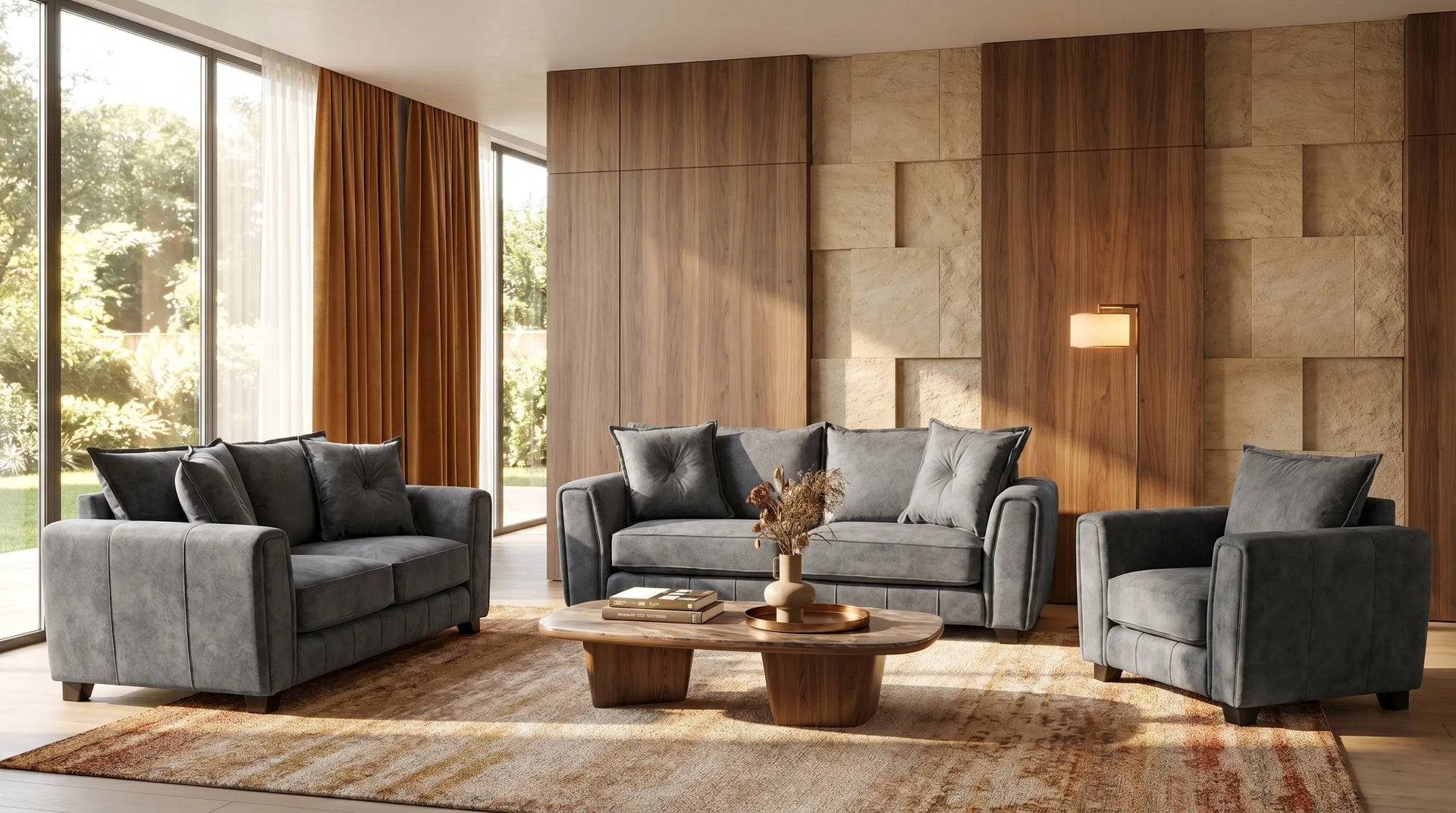 Modern living room with gray sofa set and wooden coffee table.