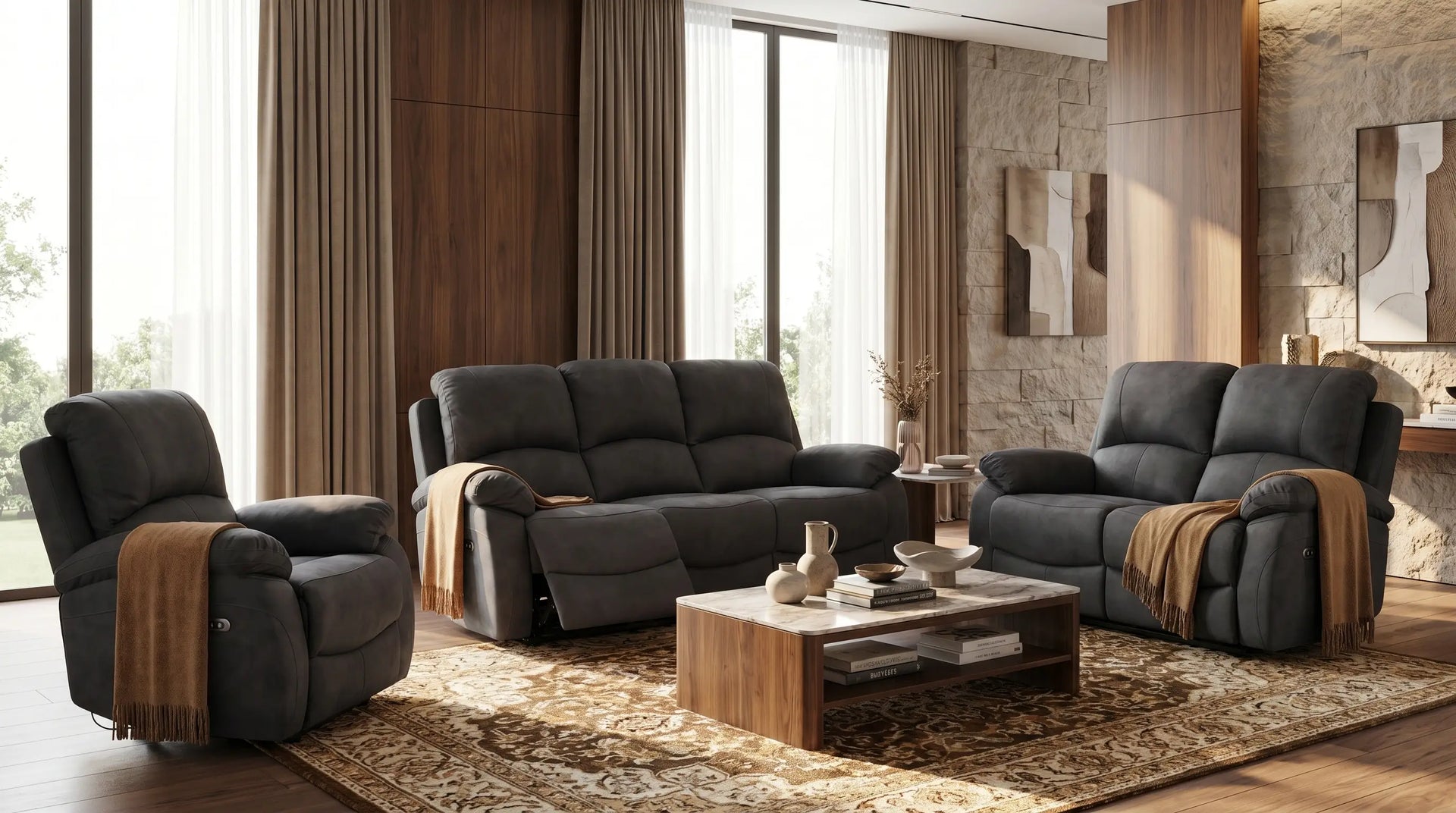 Modern living room with gray sofa set and wooden coffee table.