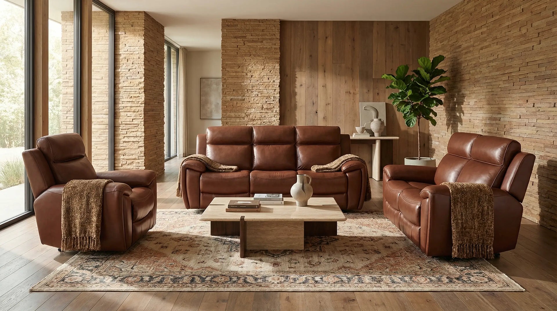 Modern living room with brown leather sofa and armchairs against a brick wall.