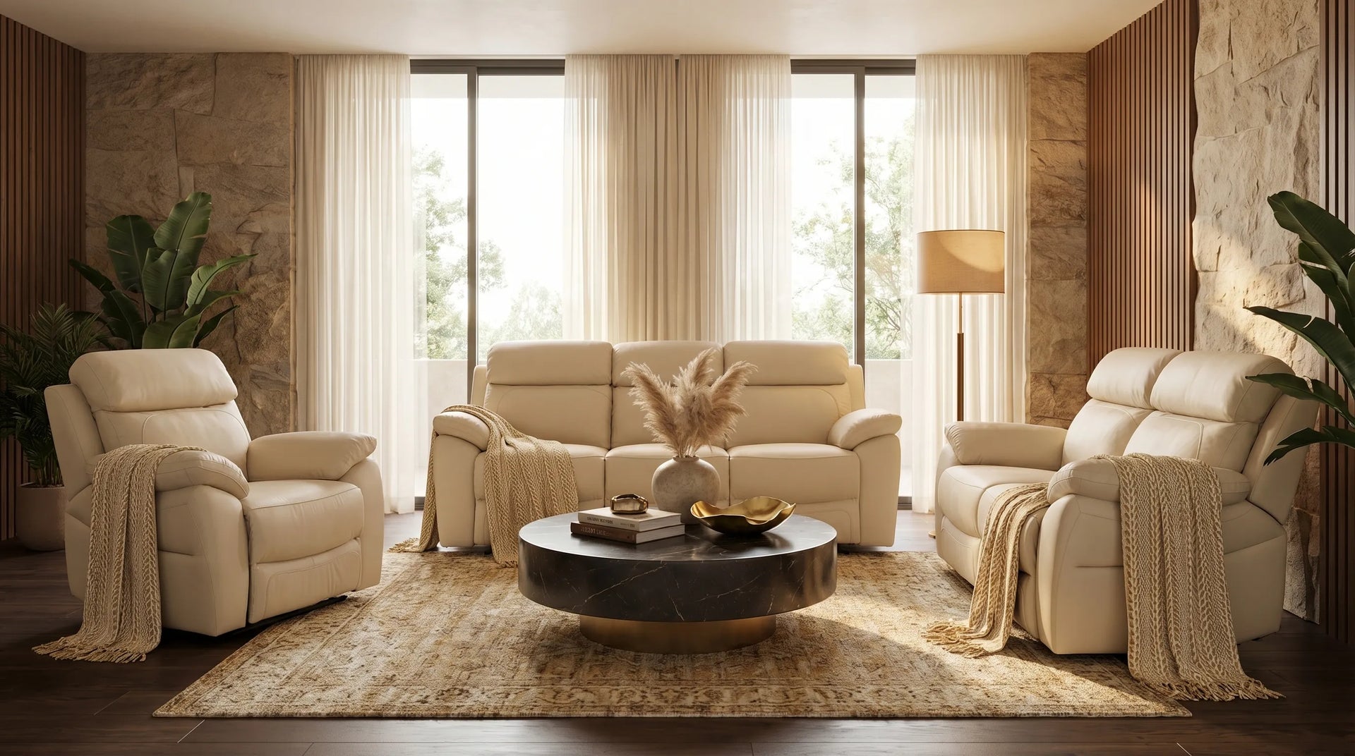 Beige living room with recliner chairs, coffee table, and decorative elements.