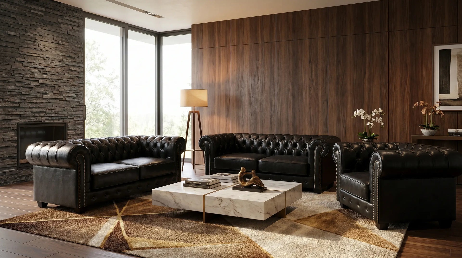 Modern living room with dark leather sofas and wooden walls