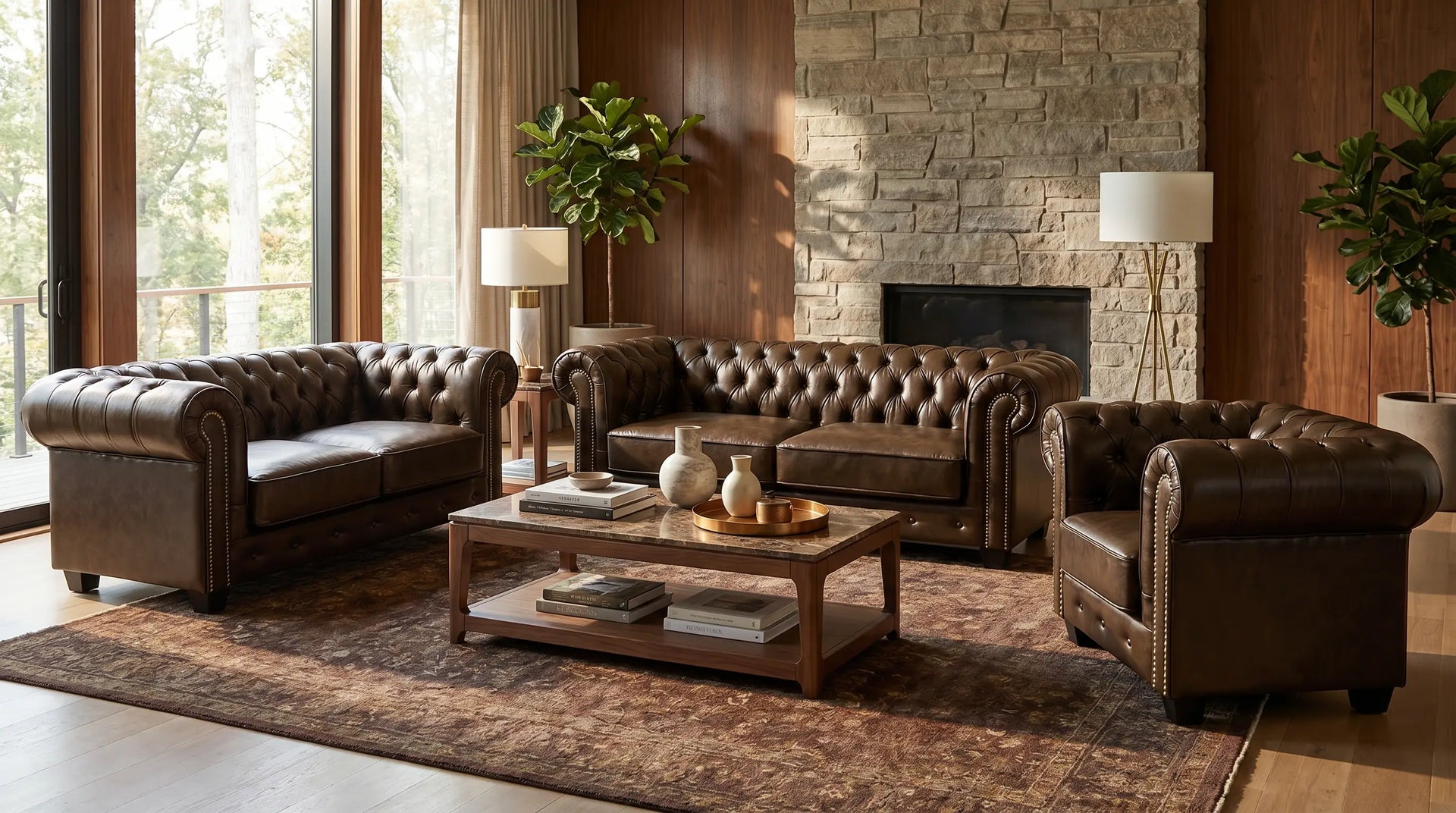Brown leather sofa set in a living room with a stone fireplace and large windows.