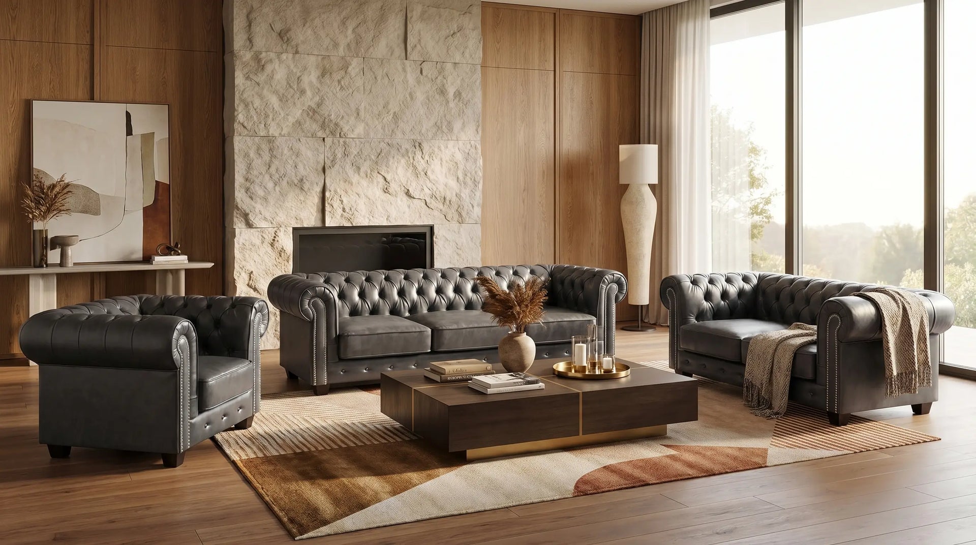 Modern living room with gray leather furniture and large windows.
