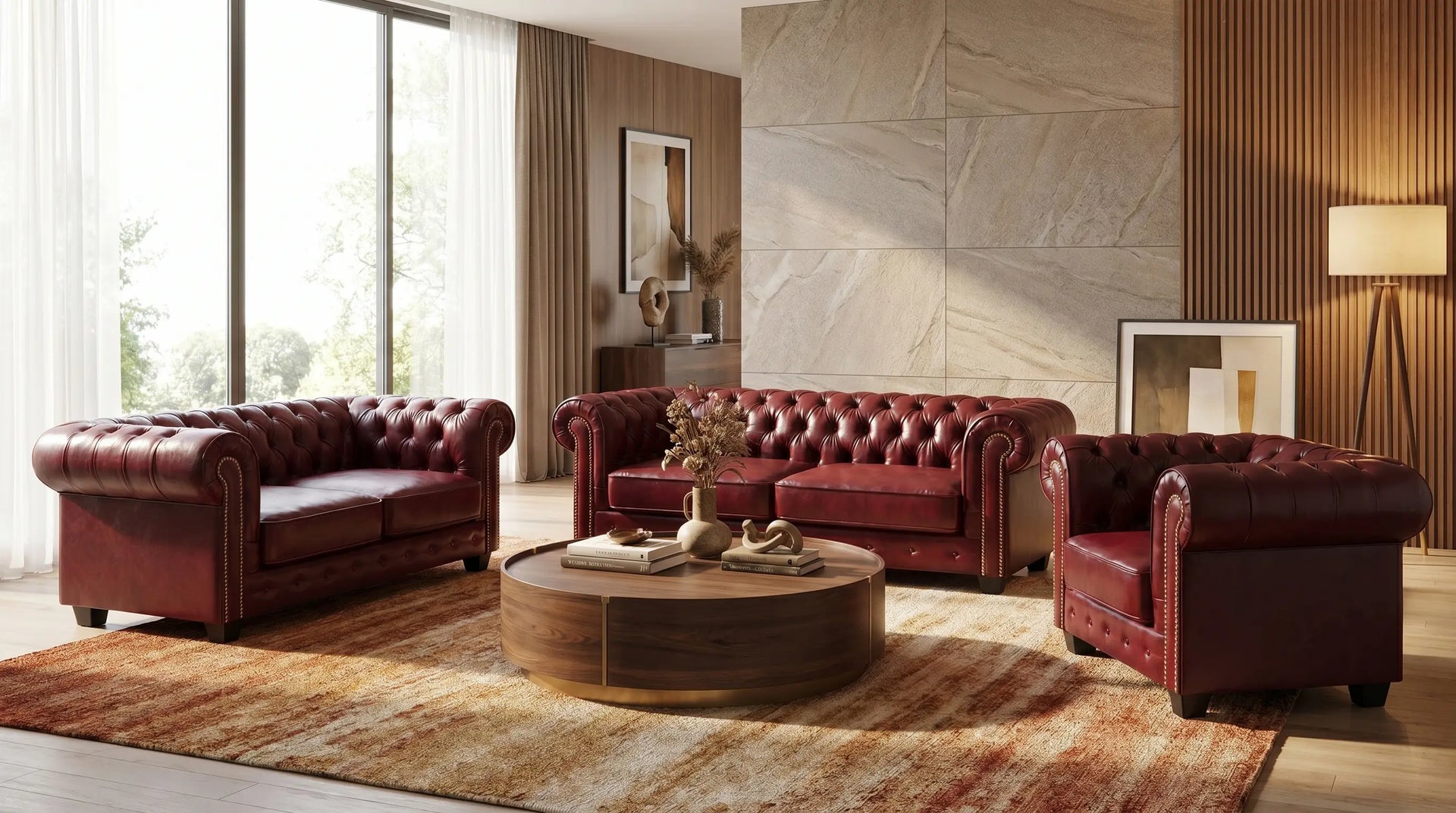 Red leather sofa set in a modern living room with a wooden coffee table.